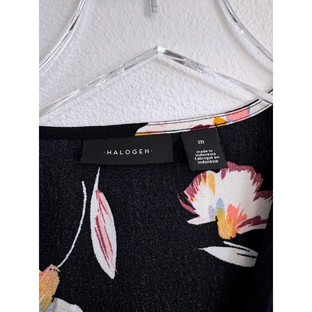 Halogen Women's Jessica Floral Faux Wrap Blouse - Black Floral with Striped Trim - Picture 3 of 4